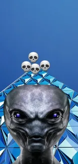 Alien on blue pyramid with skulls, sci-fi mobile wallpaper.