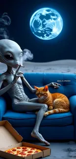 Alien relaxes with cat on blue sofa under moonlight.