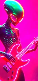 Alien playing guitar with neon colors.