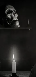 Alien in a gothic lab with candle and skulls.