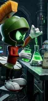 Alien character conducting an experiment in a space lab.