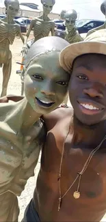 A fun alien selfie taken in a sunny desert setting with unique characters.