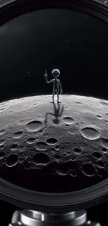 Alien stands on the moon, viewed through a telescope lens, emphasizing lunar craters.