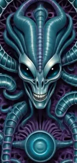Alien skull with intricate teal patterns on a fantasy wallpaper.