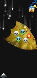 Creative wallpaper with alien and skull emojis on a vibrant leaf.