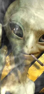 Smoking alien giving finger gesture on cool-toned phone wallpaper.