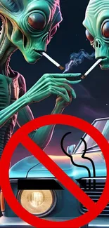 Surreal artwork of aliens and a no smoking sign.