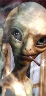 Funny alien smoking with middle finger.