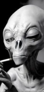 Black and white digital art of a smoking alien.