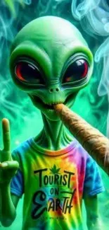 Alien wearing 'Tourist on Earth' tee smoking in vibrant hues.