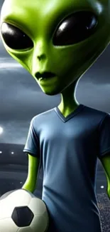 Green alien character holding a soccer ball in a stadium setting.