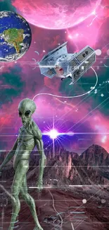 Alien wallpaper with spaceship and pink nebula background.