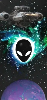 Alien face with spaceship and planet in cosmic space wallpaper.