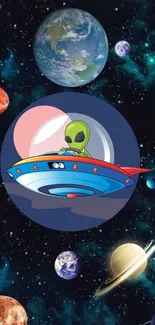 Alien in UFO with planets in a vibrant galaxy background.