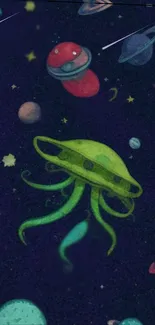 Colorful space-themed alien wallpaper with planets and UFOs on a dark blue background.