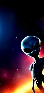 Alien figure against fiery space backdrop with vibrant colors.