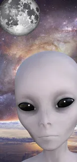 Alien figure with galaxy background wallpaper.