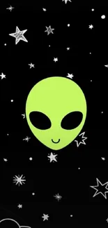 Neon green alien face with stars wallpaper.