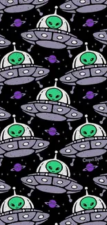 Cartoon green aliens in UFOs on a black starry background wallpaper.