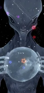 Alien holding a starry orb against a cosmic backdrop.