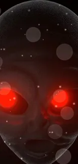 Alien face with red glowing eyes in space-themed wallpaper.