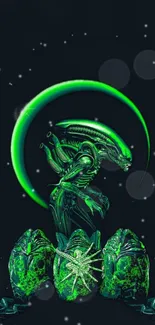 Neon green alien and eggs sci-fi wallpaper.