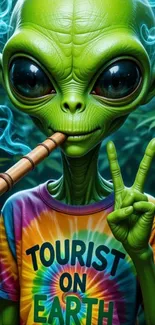 Alien cartoon with a colorful tie-dye shirt and cigar.