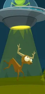 Cartoon UFO abducting a deer in forest at night.