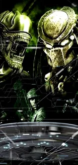 Alien vs Predator dark sci-fi wallpaper featuring iconic characters.