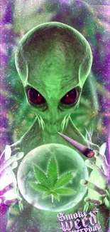 Trippy green alien holding a glowing crystal ball with cannabis leaf.