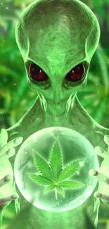 Green alien holding a crystal sphere with a leaf inside, against a leafy background.