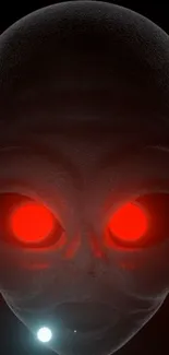 A mysterious alien with glowing red eyes on a dark background.