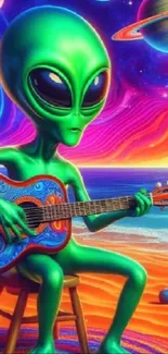 Psychedelic alien playing guitar with colorful space background.