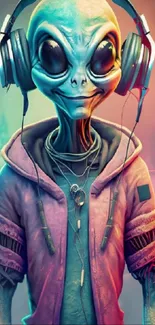 Stylized alien with headphones in vibrant digital art on a mobile wallpaper.