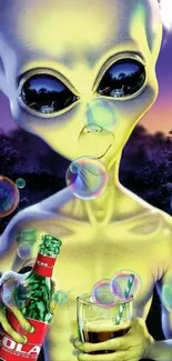 Alien holding soda bottle with bubbles in forest.