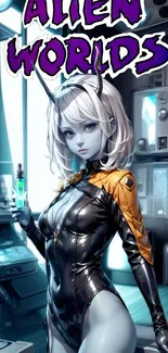 Futuristic alien character in a sci-fi setting with text 'Alien Worlds'.