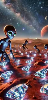 Aliens on Mars collecting glowing gems under a starry cosmic sky.