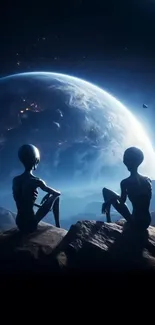 Two aliens sitting on a cliff, gazing at Earth with a starry space backdrop.