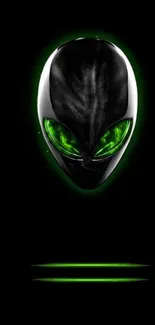 Alien head with glowing green eyes on black background.