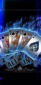 Playing cards with blue flames and 'All In' text, black background.