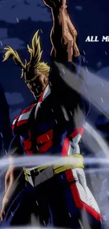 All Might in a dynamic heroic pose against a dark background.