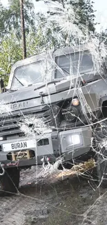 Armored vehicle driving through a forest trail.