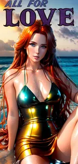 Stunning red-haired woman on beach at sunset.