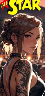 Anime girl with tattoos in elegant attire.