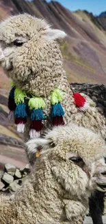 Two alpacas in a colorful mountain landscape with vibrant tassels.