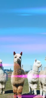 Four alpacas stand under a clear blue sky.