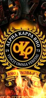 Alpha Kappa Rho emblem with fiery background.