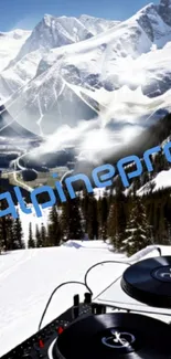 Alpine snow mountain with DJ decks wallpaper.