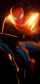 Dynamic Spider Hero leaping with vibrant orange glow.