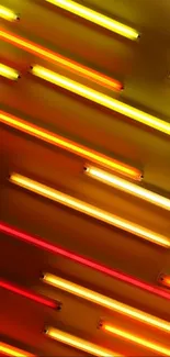 Vibrant neon lights with red, yellow, and orange streaks on a dark background.